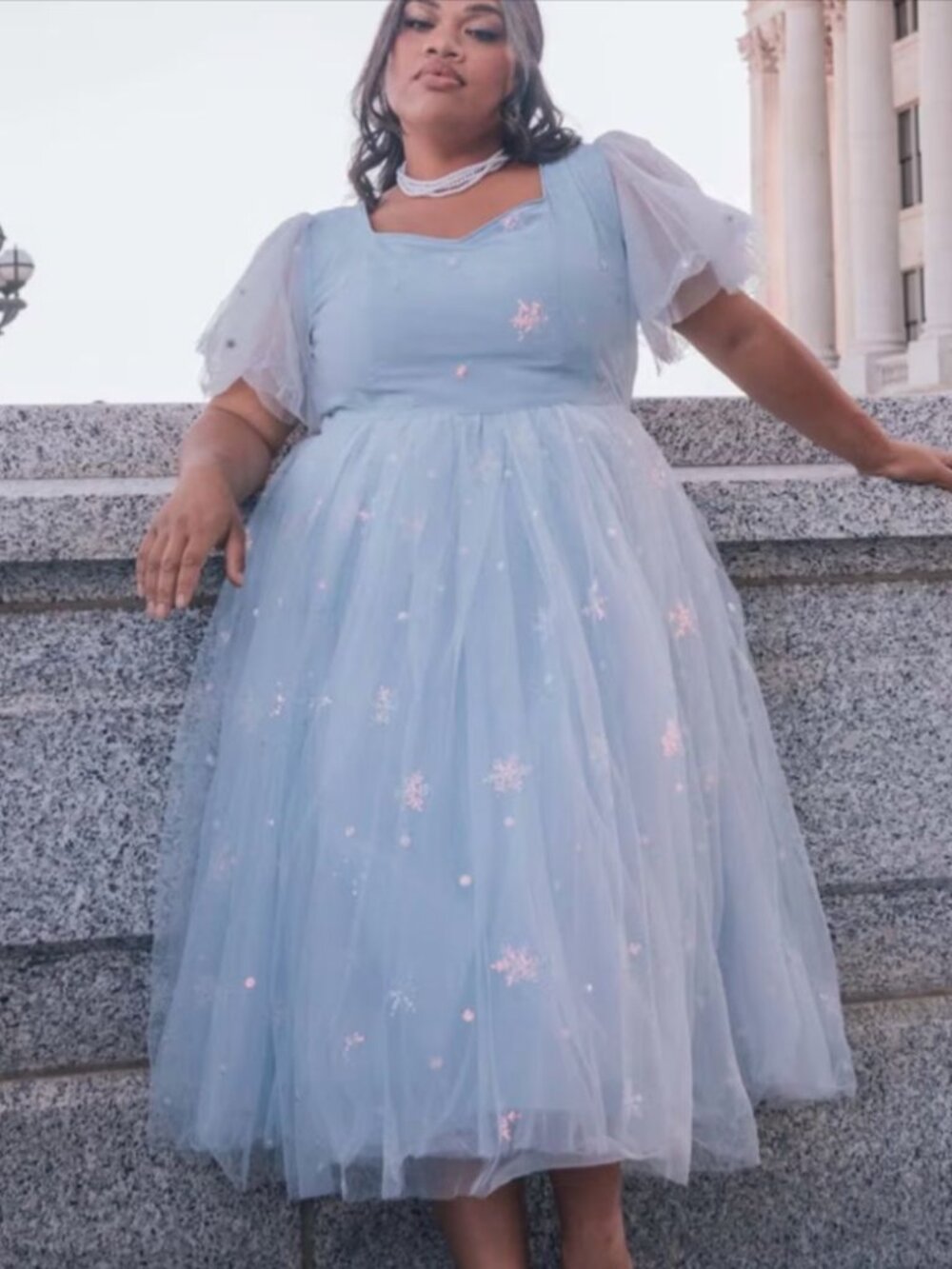 JessaKae December Snowflake Dress Blue Embroidered Tulle Puff Sleeves 3X